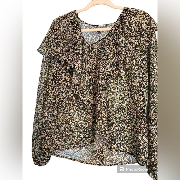 TOPSHOP top, black with floral green and rose Asymmetrical ruffles front to back - Picture 5 of 7